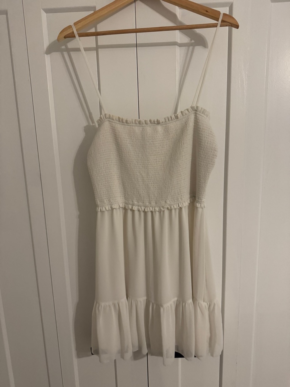 Wilfred White Smocked Mini Dress with Ruffled Hem